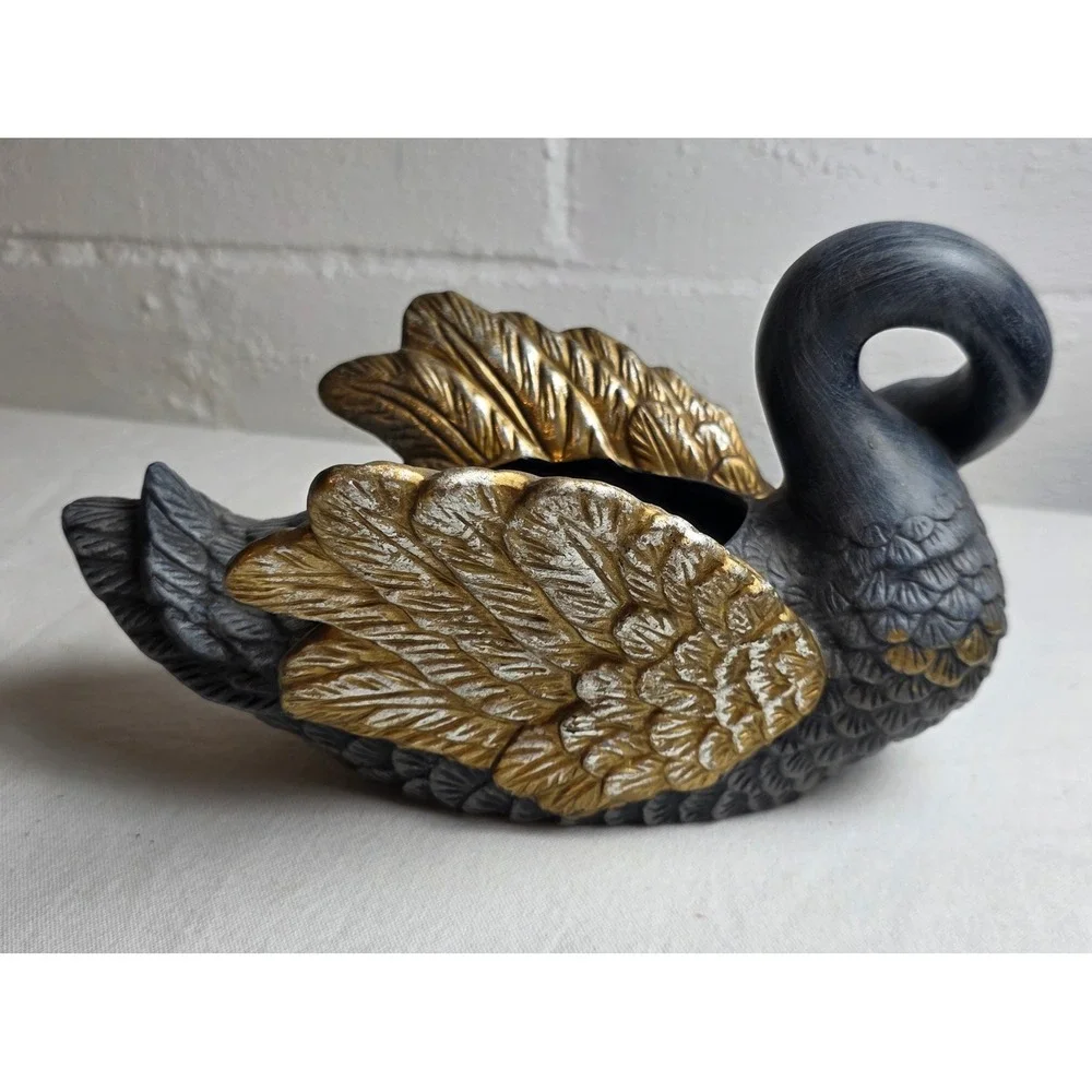 Vintage Style Charcoal Grey and Gold Swan Planter Decorative Glam